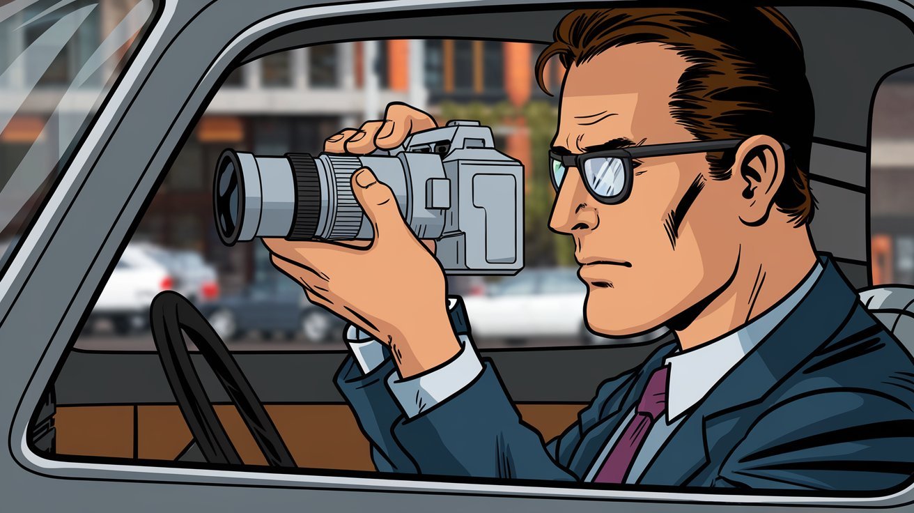 Comic-Detektiv auf Observation; Privatdetektei Zweibrücken, Wirtschaftsdetektei Zweibrücken, Privatermittler Zweibrücken, Wirtschaftsdetektiv Zweibrücken